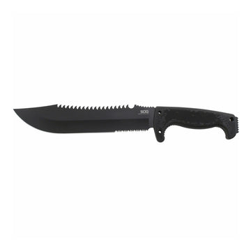 SOG Jungle Primitive serrated spine ready for sawing tasks outdoors.