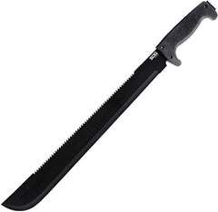 SOGfari 18-inch machete blade close-up for rugged trail work.
