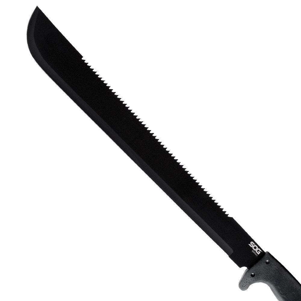 SOGfari 18-inch machete sawback teeth for quick branch cutting.