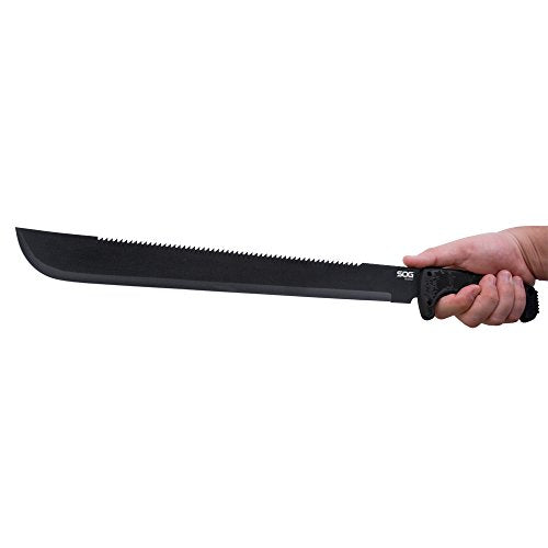 SOGfari 18-inch machete spiked tang supports pounding tasks.