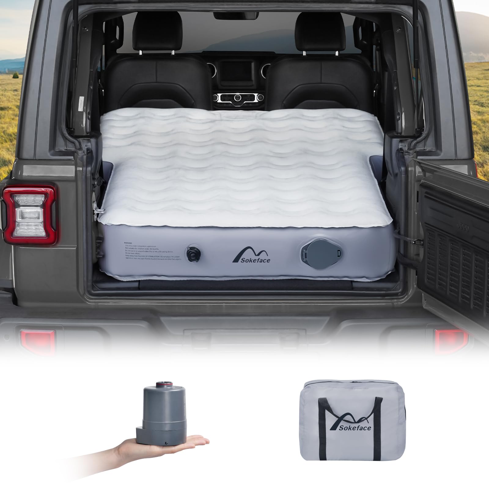 Sokeface Jeep Wrangler air mattress with wireless pump enables quick setup on the go.