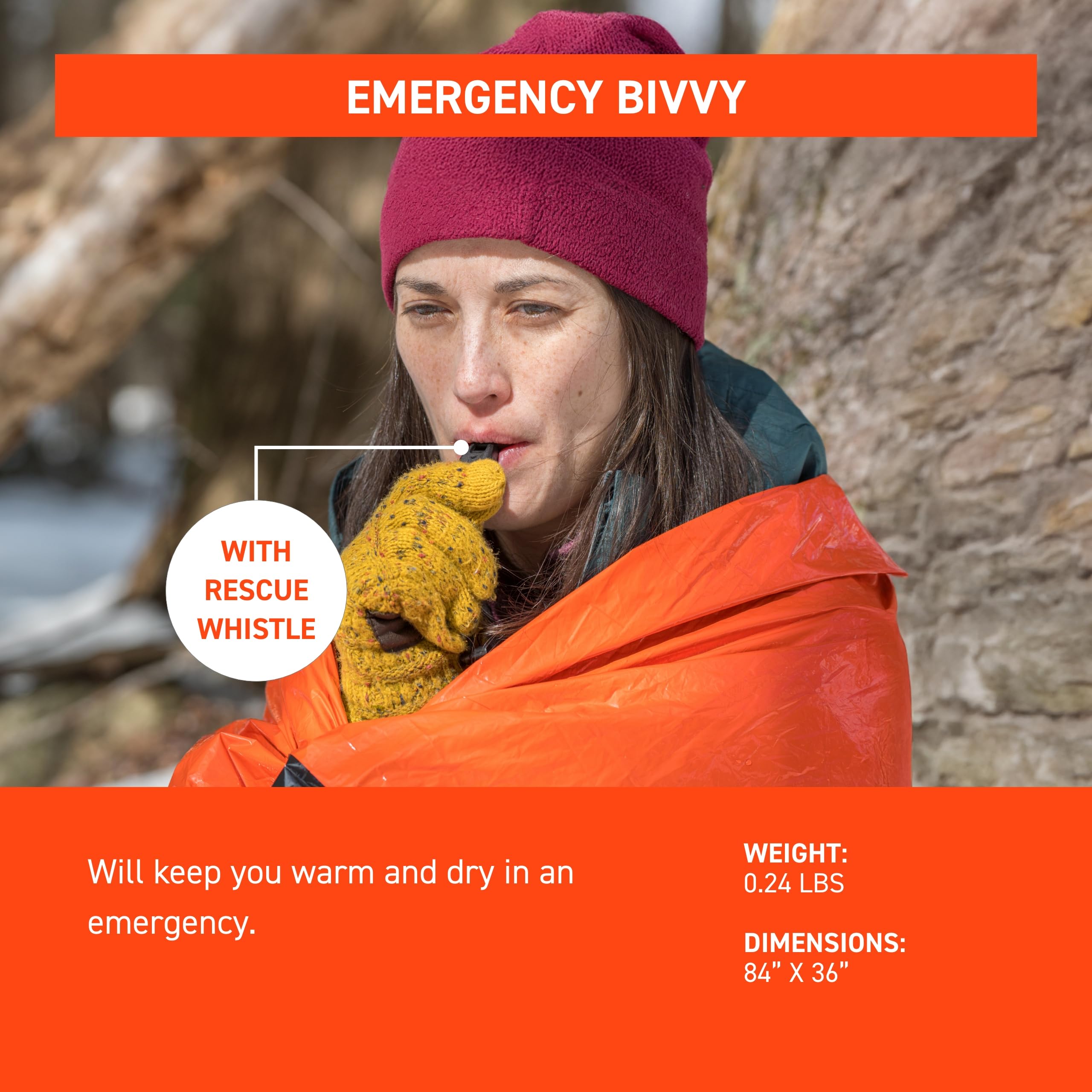 S.O.L. emergency bivvy 36x84 inches provides wide weather protection.