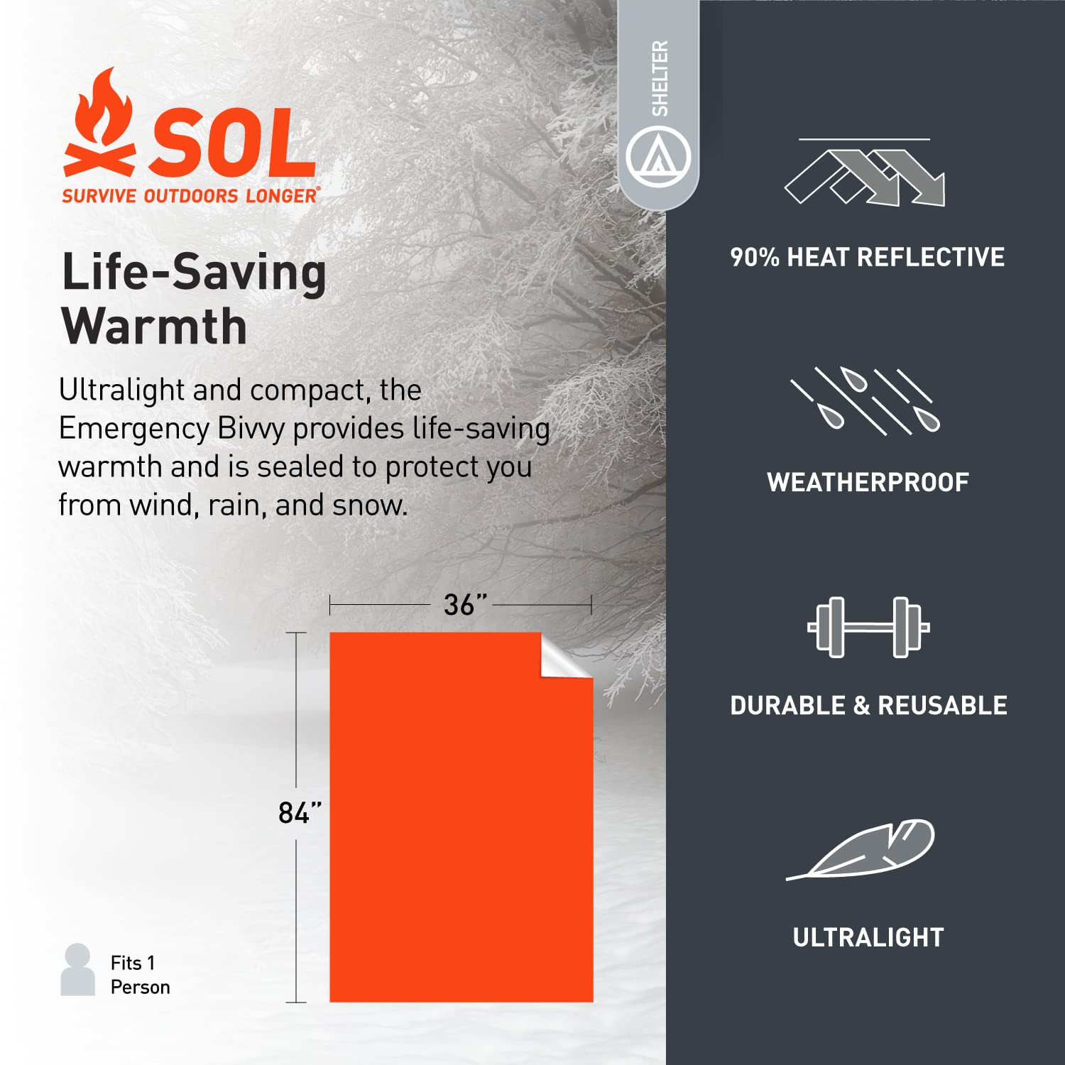 S.O.L. emergency bivvy fits in emergency kits and hiking gear for ready warmth.