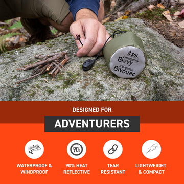 S.O.L. Emergency Bivvy heat-reflective-inner helps trap warmth on chilly outings.