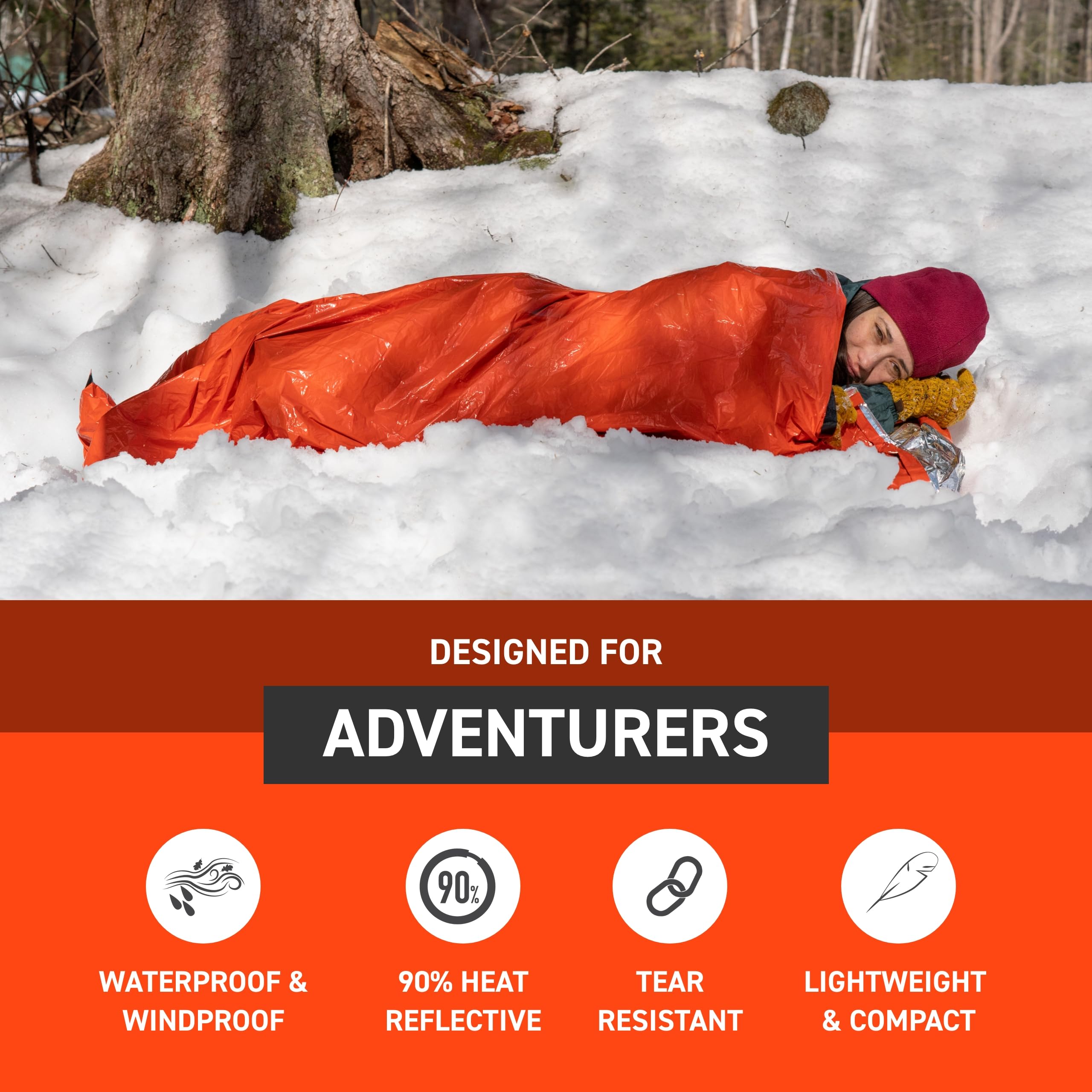 S.O.L. emergency bivvy heat-reflective lining traps body warmth during survival.