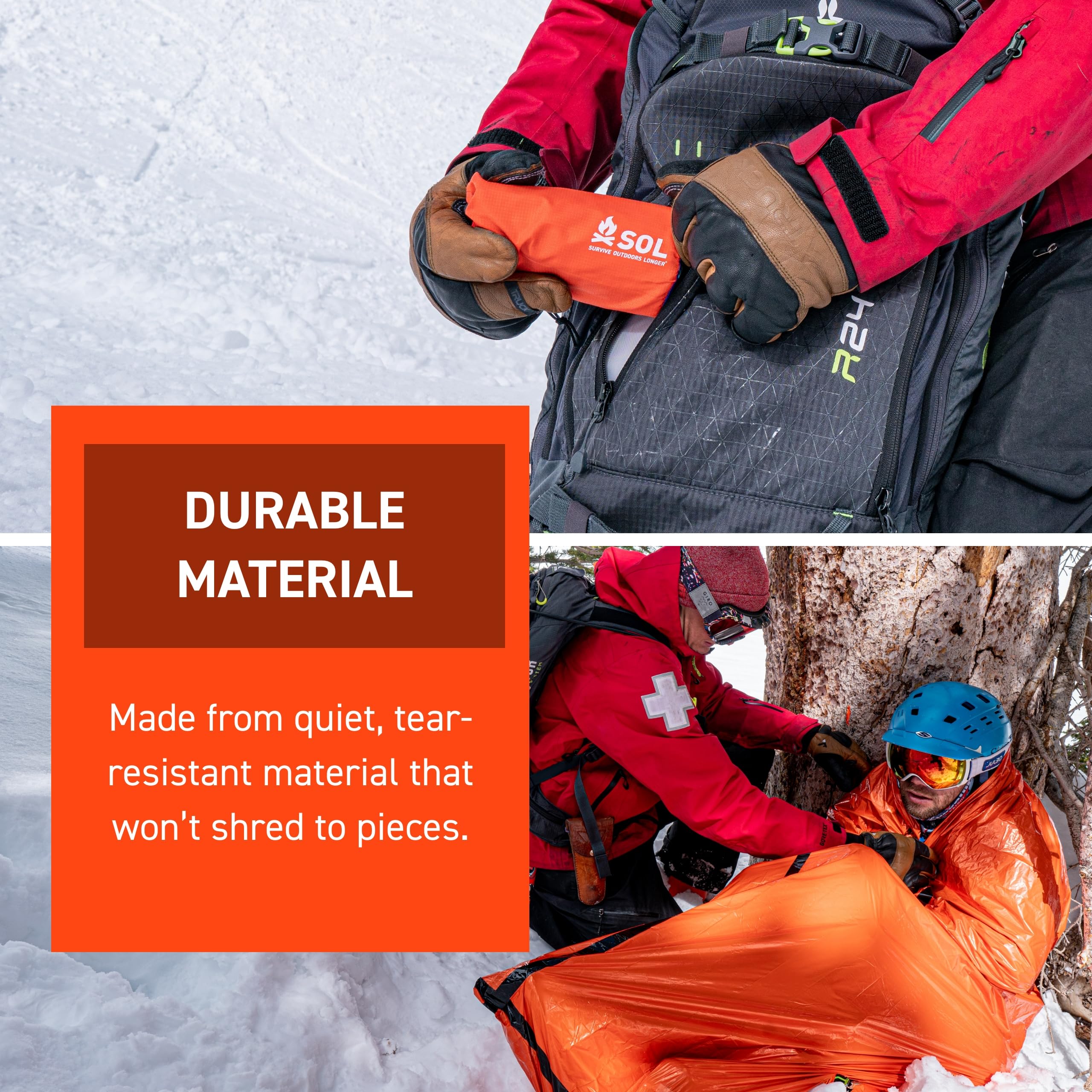 S.O.L. emergency bivvy includes whistle and tinder paracord for signaling.