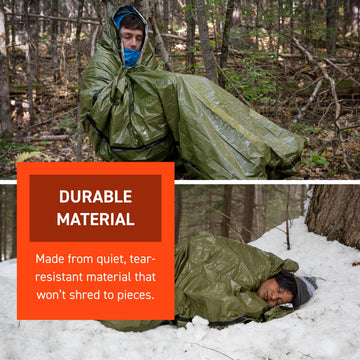 S.O.L. Emergency Bivvy tinder-paracord drawstring supports quick-fire setup and securing gear.