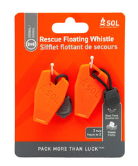 SOL Rescue Floating Whistle 2 Pack in bright orange, easy to locate and signal on water.