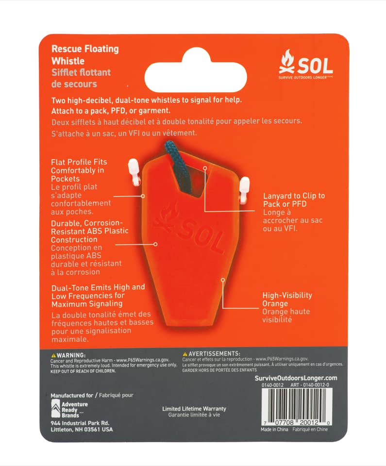 SOL Rescue Floating Whistle highlights dual-tone signals for versatile use on land or water.