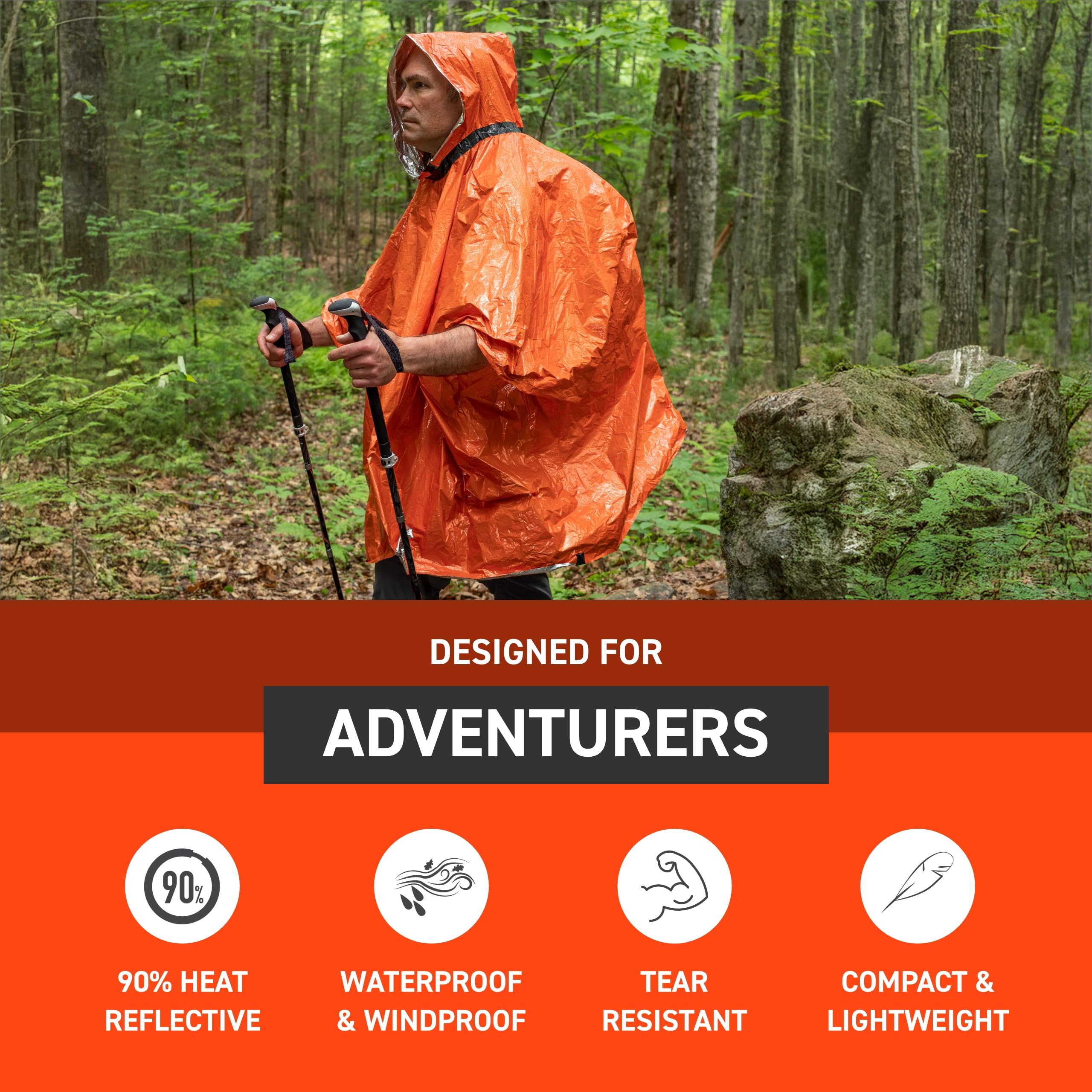 Sol S.O.L. poncho waterproof sealed seams keep you dry in wet conditions.