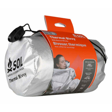 S.O.L. SOL Thermal Bivvy packed in survival pack demonstrates ultra-lightweight portability.