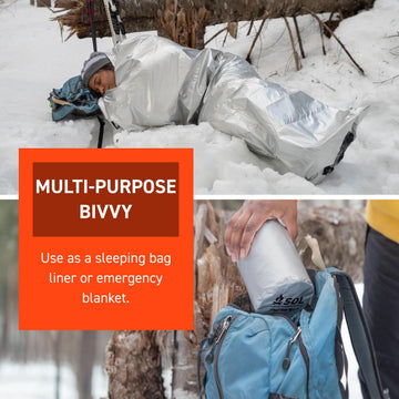 S.O.L. SOL Thermal Bivvy silver color closeup highlights durable reflective fabric.