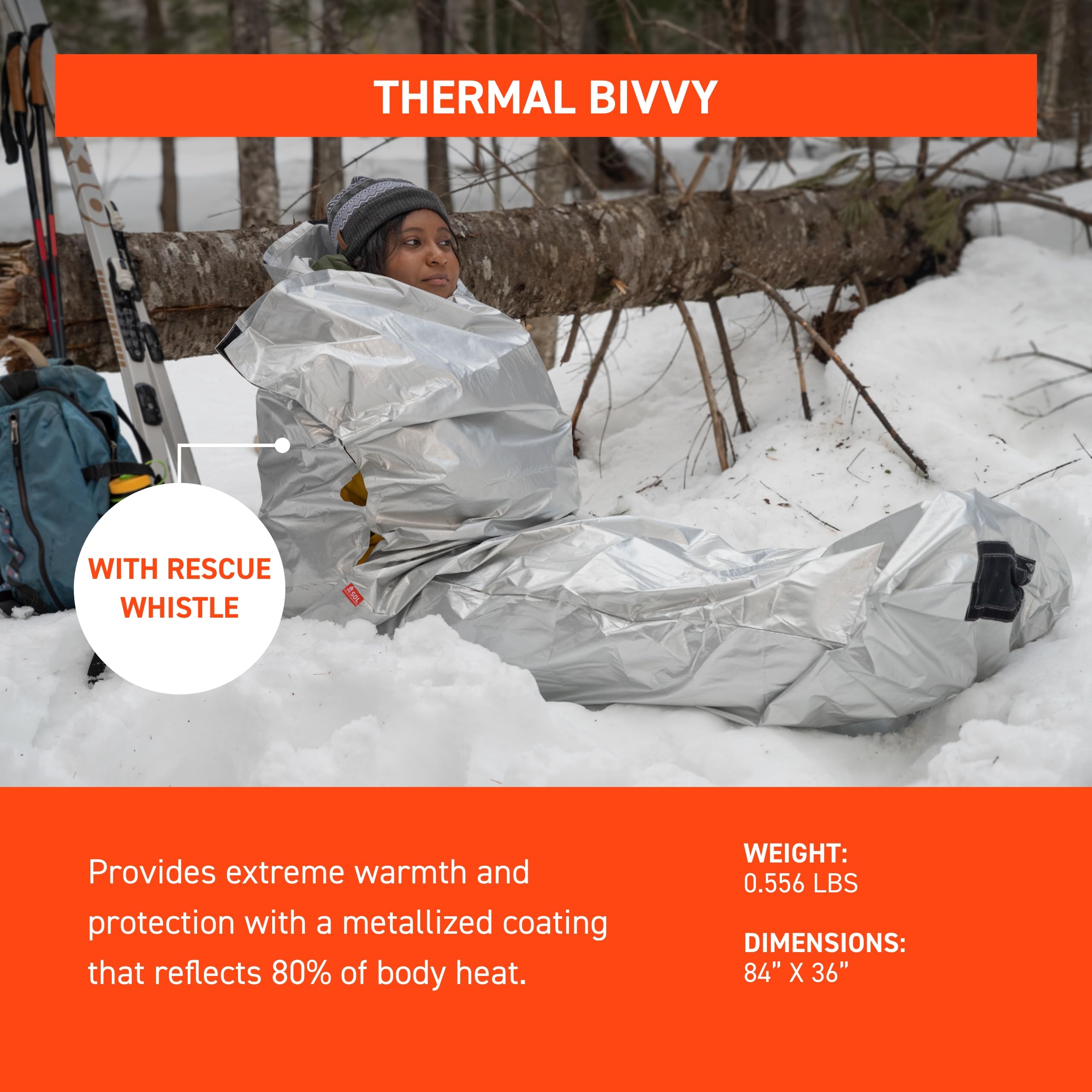 S.O.L. SOL Thermal Bivvy waterproof breathable material protects against rain and wind.