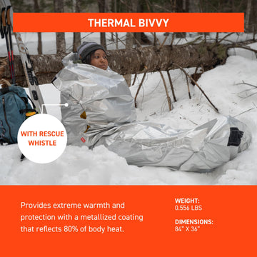 S.O.L. SOL Thermal Bivvy waterproof breathable material protects against rain and wind.