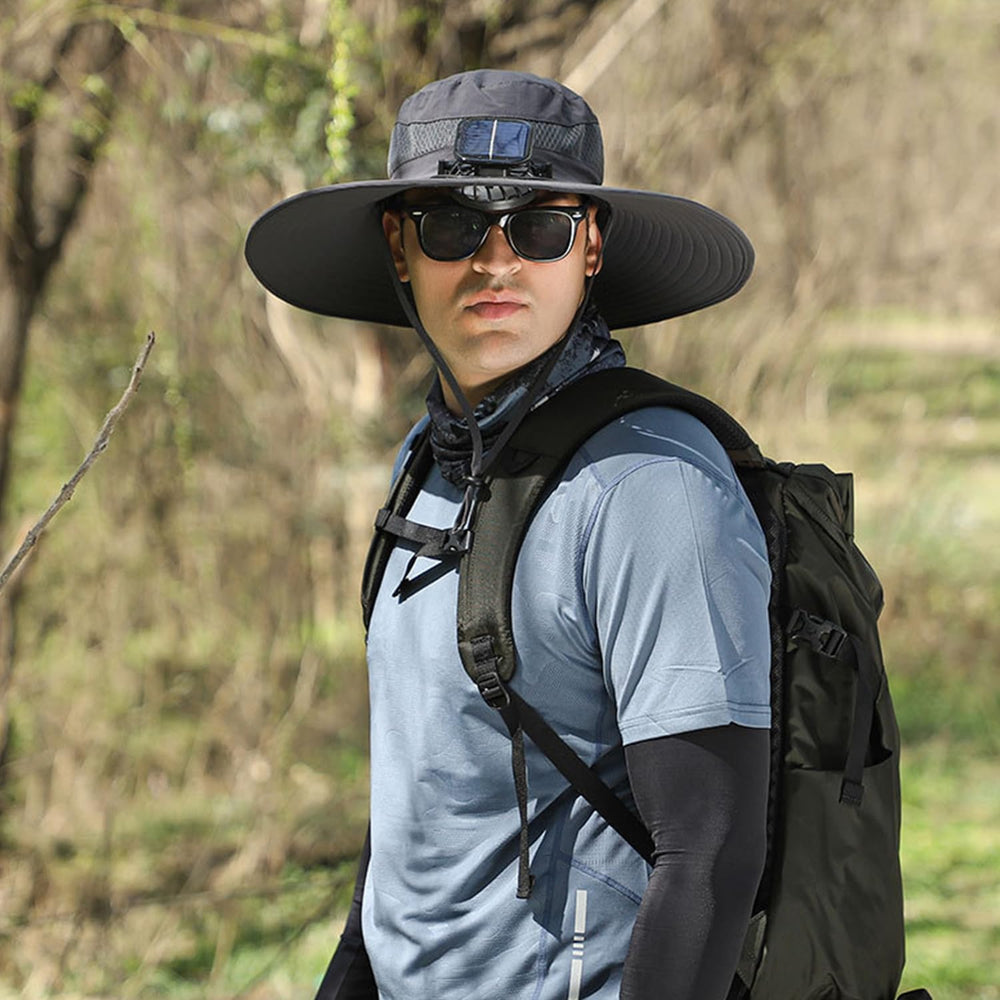 Close-up view of dual solar fans on the hat
