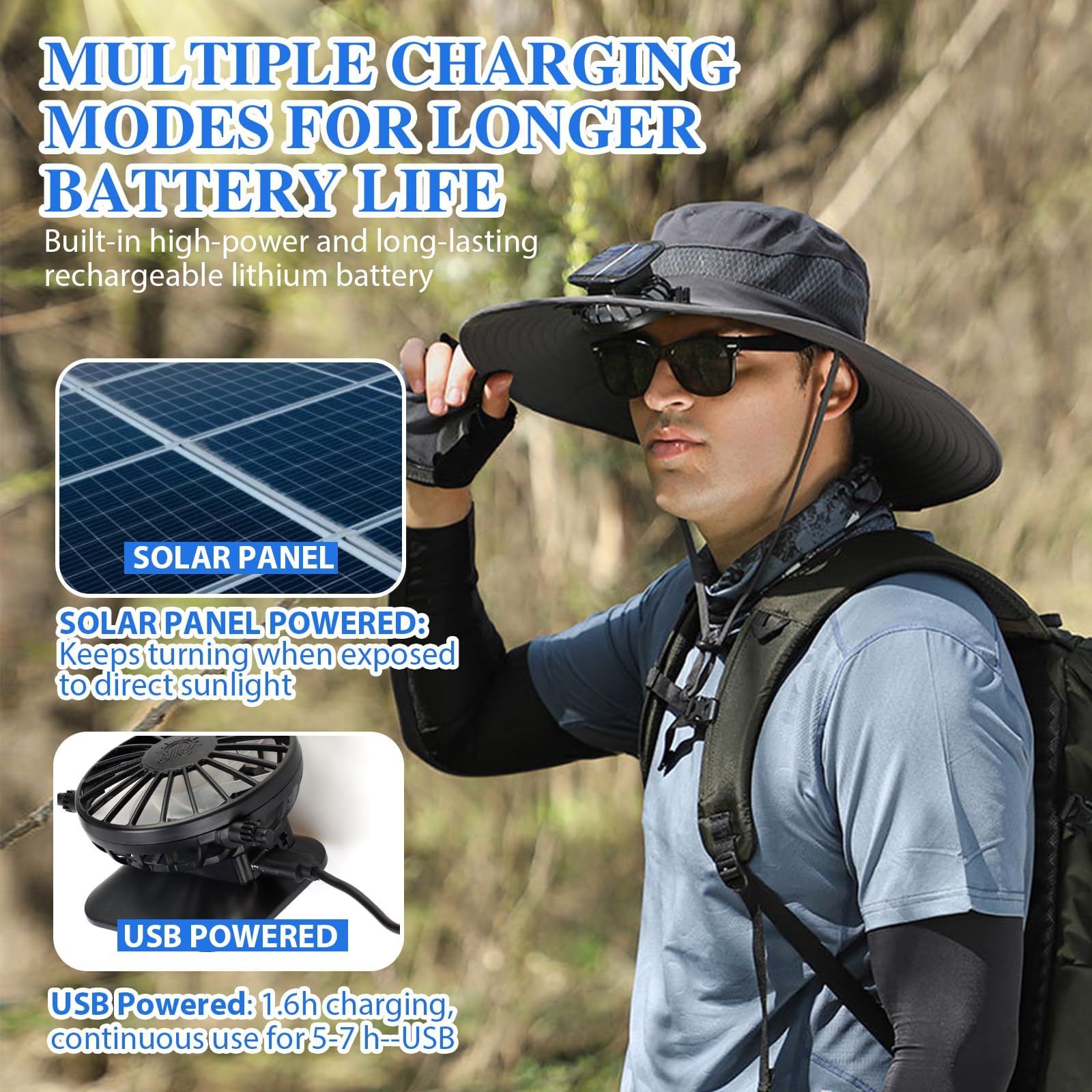 Outdoor use: fishing, hiking, camping with Solar Fan Hat
