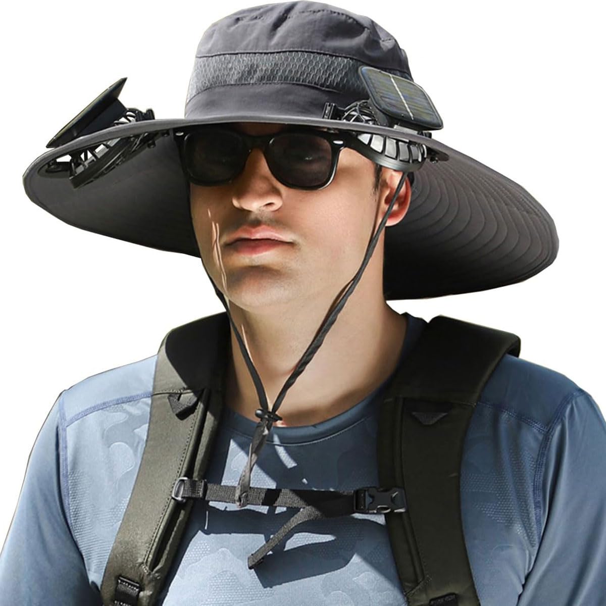 Solar Fan Hat with wide brim and solar powered fan on the front view