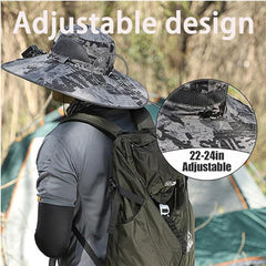 Hat showing UPF 50+ sun protection and wide brim in outdoor scene