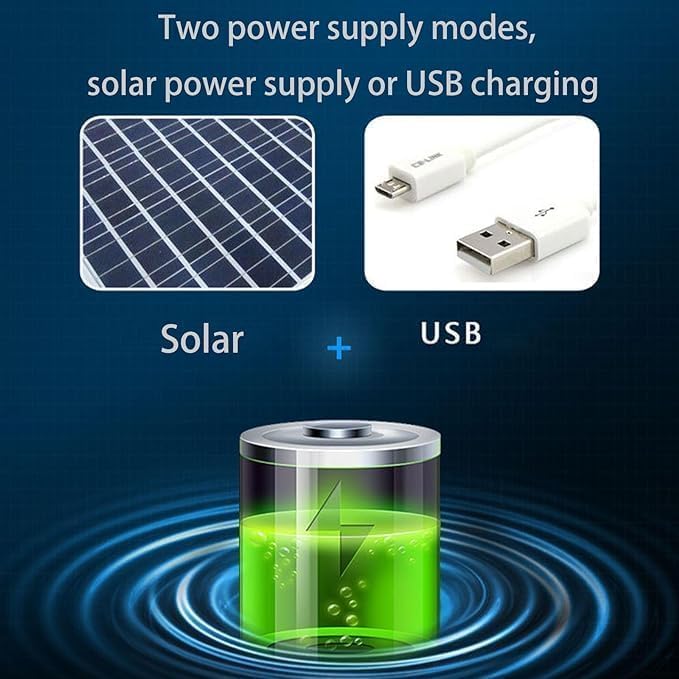 Two power modes: solar powered and USB charging