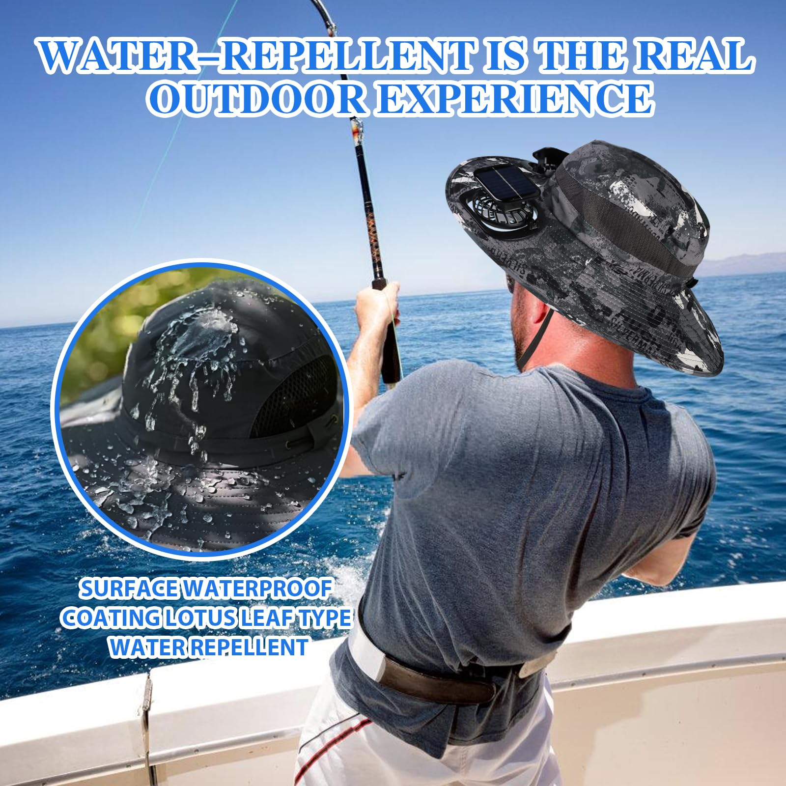 Outdoor fishing hat with solar-powered fans in use