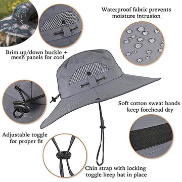Dark gray Solar Fan Hat displayed in travel-ready packaging