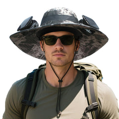Front view of Solar Fan Hat Camouflage Gray with dual front-brim fans