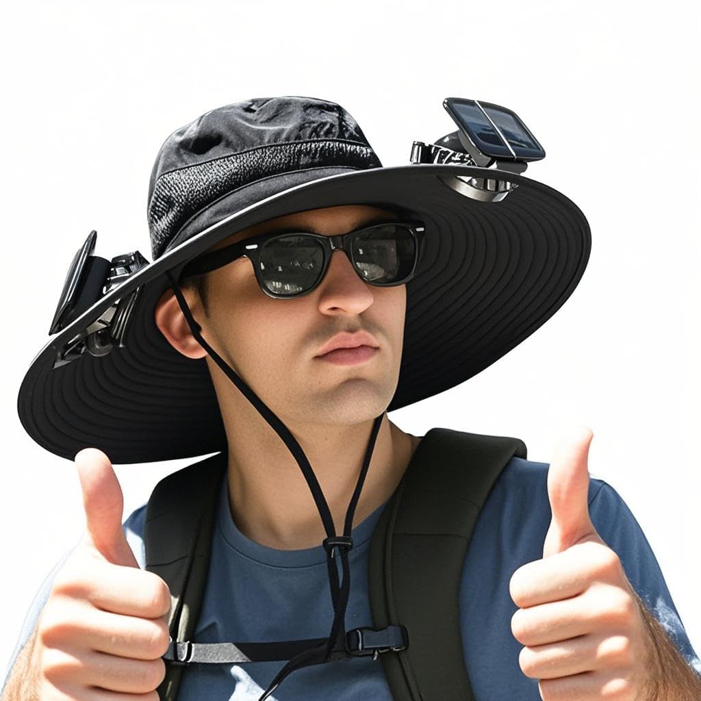 Front view of Solar Fan Hat with wide brim and solar-powered fan