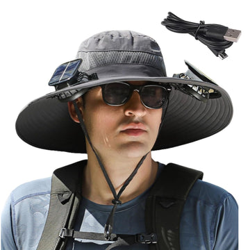Grey Solar Fan Hat with wide brim exterior view