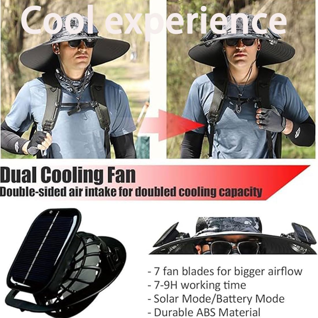 Side angle of Solar Fan Hat showing wide brim and mesh material