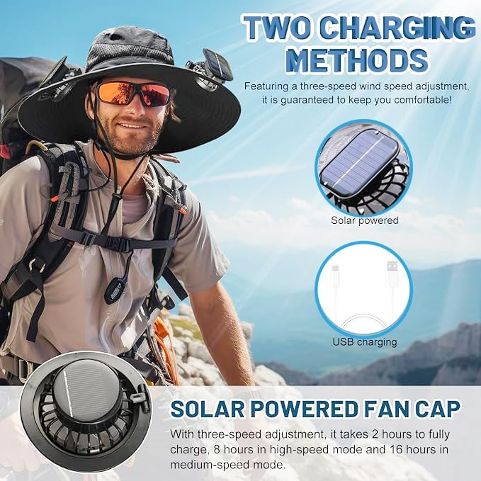 Angled view 2 of black solar hat with two mini fans