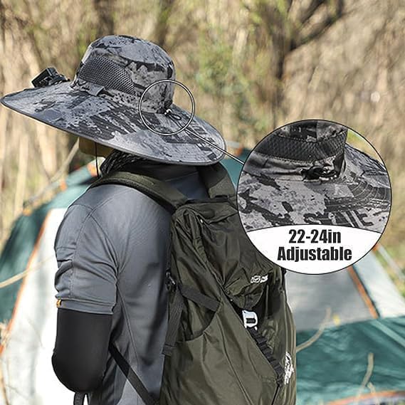 Rear view showing wide brim and fan in black solar hat