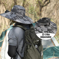 Rear view showing wide brim and fan in black solar hat