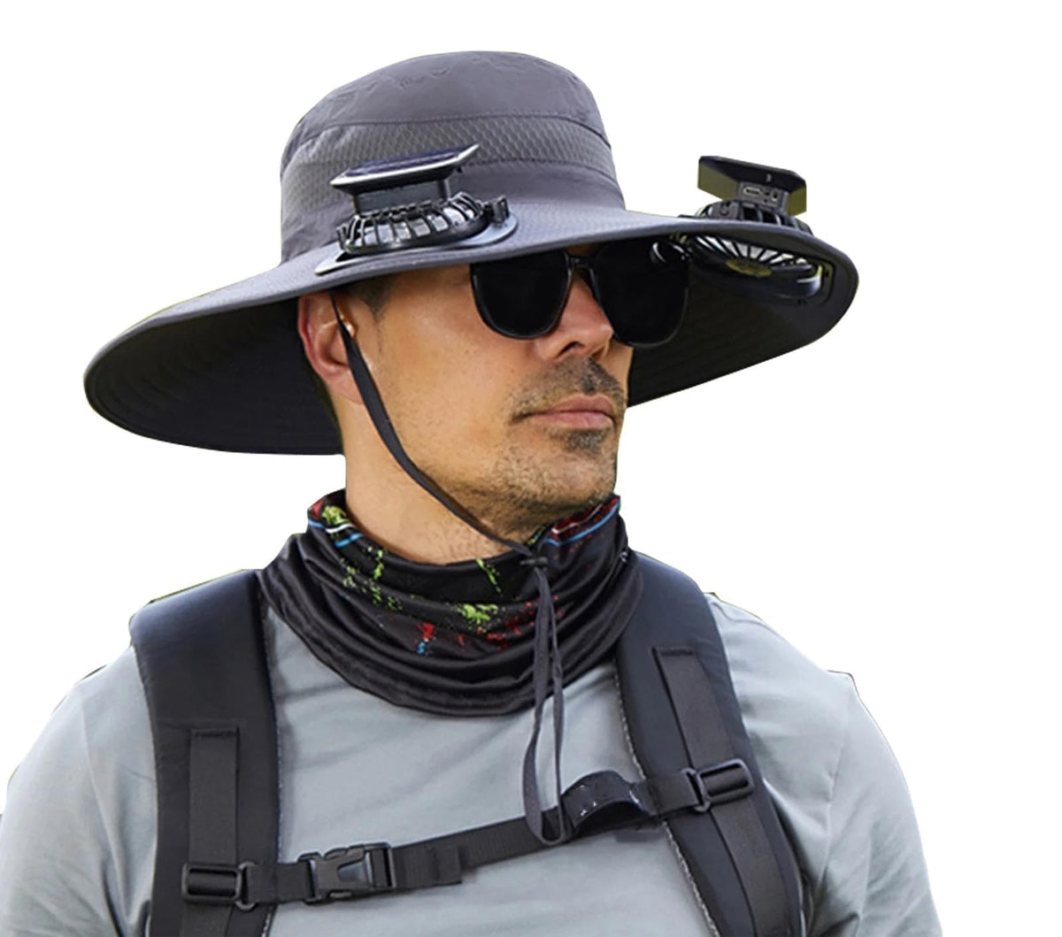 Front view of black solar hat with two mini fans on the brim