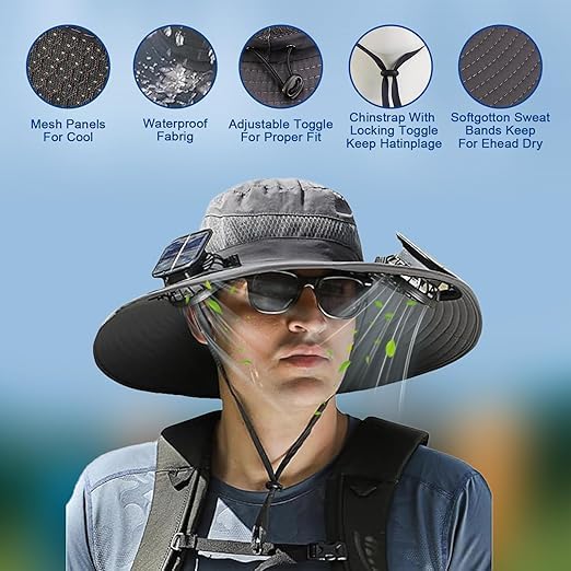 Side view of outdoor black hat with built-in solar fan