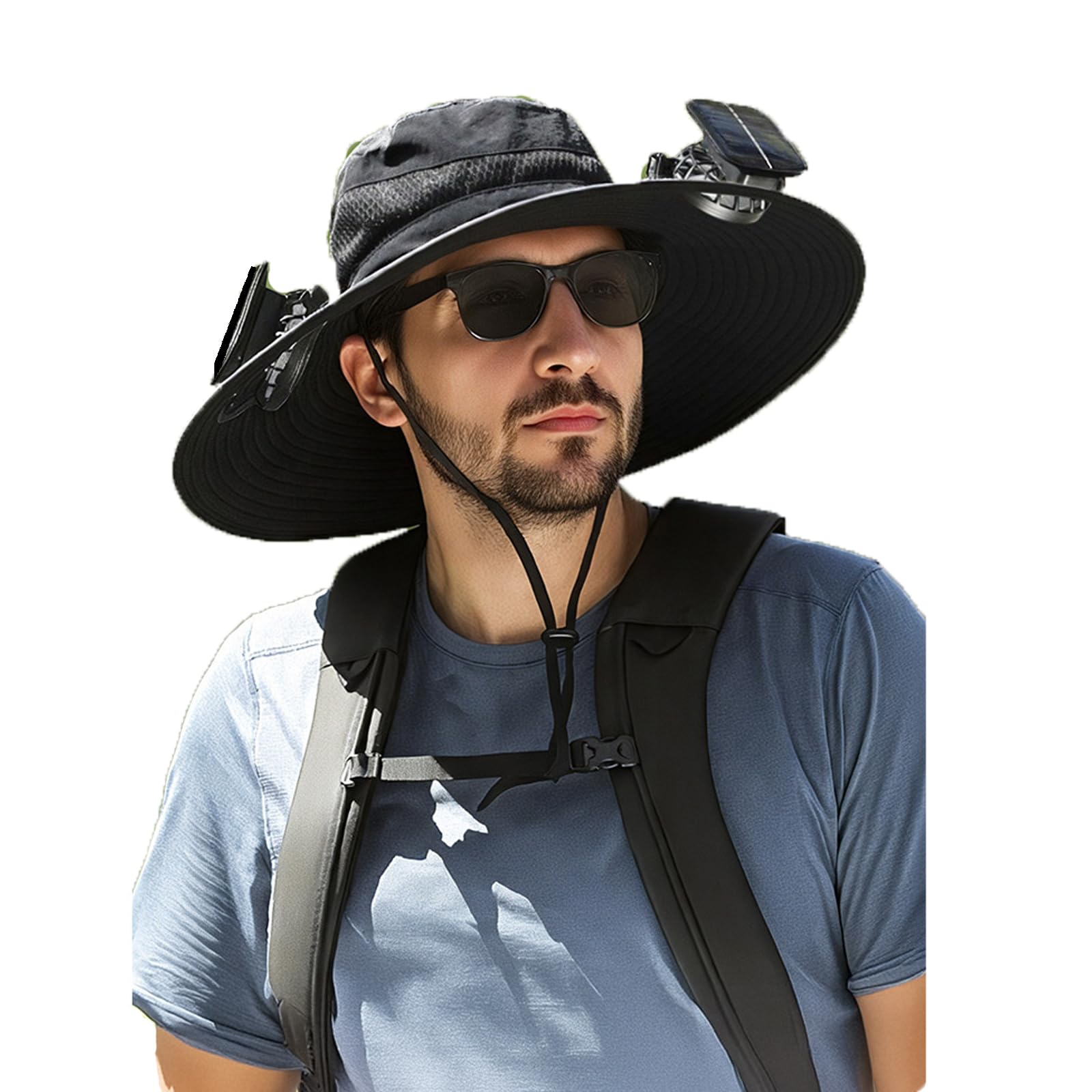 Black solar powered fan hat with wide brim from the front