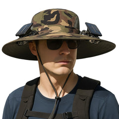 Solar powered cooling hat in woodland camouflage fabric showing UPF50+ protection