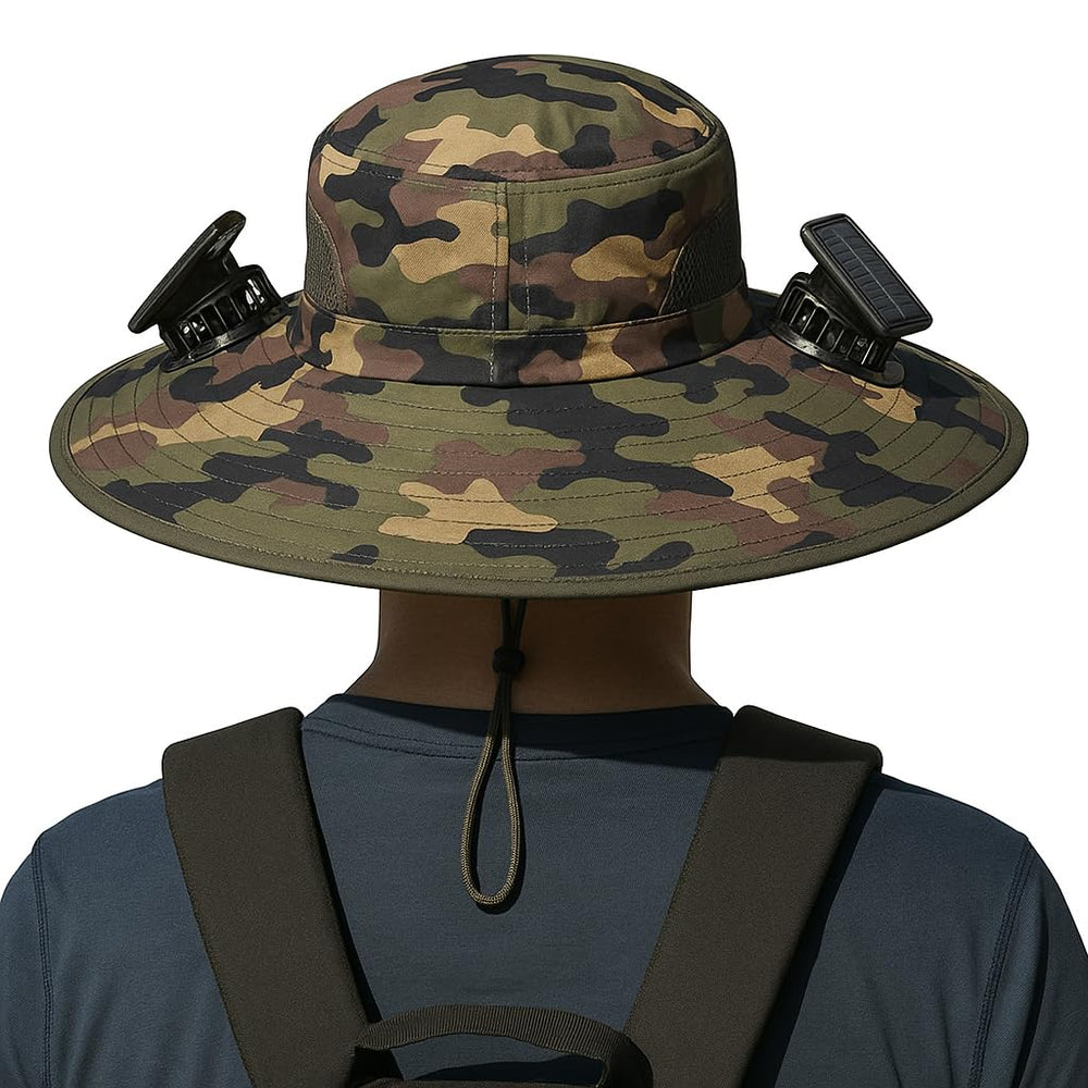 Wide brim camo sun hat with dual side-mounted fans