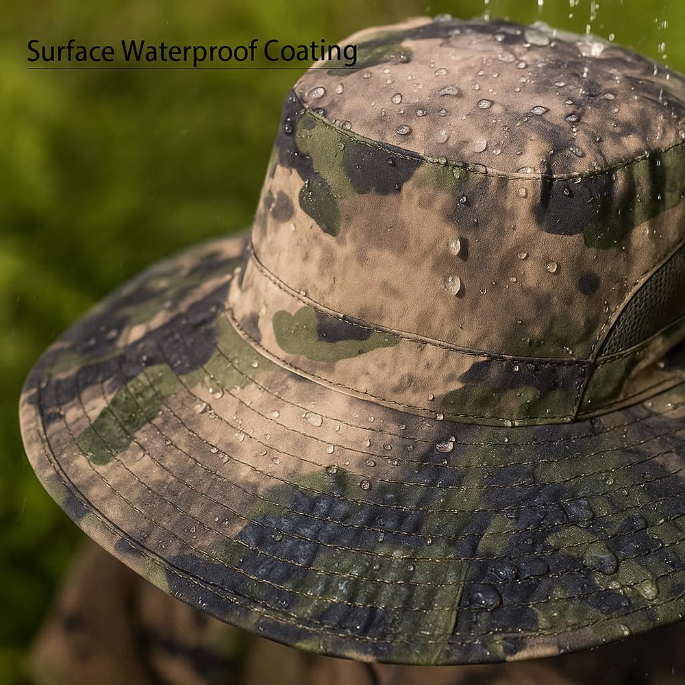 Person wearing the hat while hiking outdoors