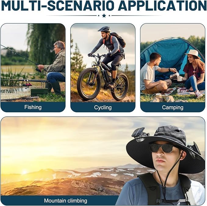 Dark gray solar fan hat shown for outdoor activities