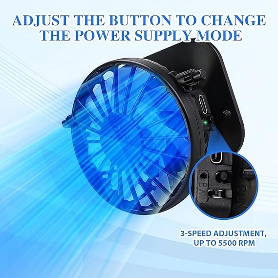 Close up of dual solar powered cooling fans and charging ports