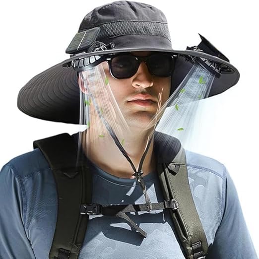 Front view of Solar Powered Fan Hat Grey with dual fans in brim