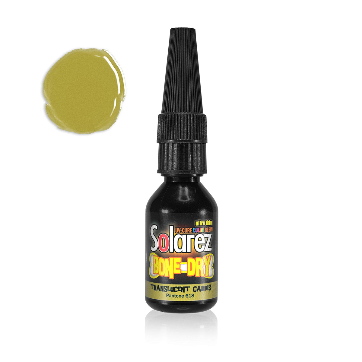 SOLAREZ Bone Dry Colors bottle cap highlighting compact, ready-to-use packaging for quick fly tying touch-ups.