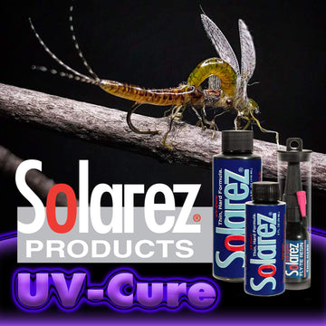 Fly tying setup with SOLAREZ showing a clear, low-odor coating.