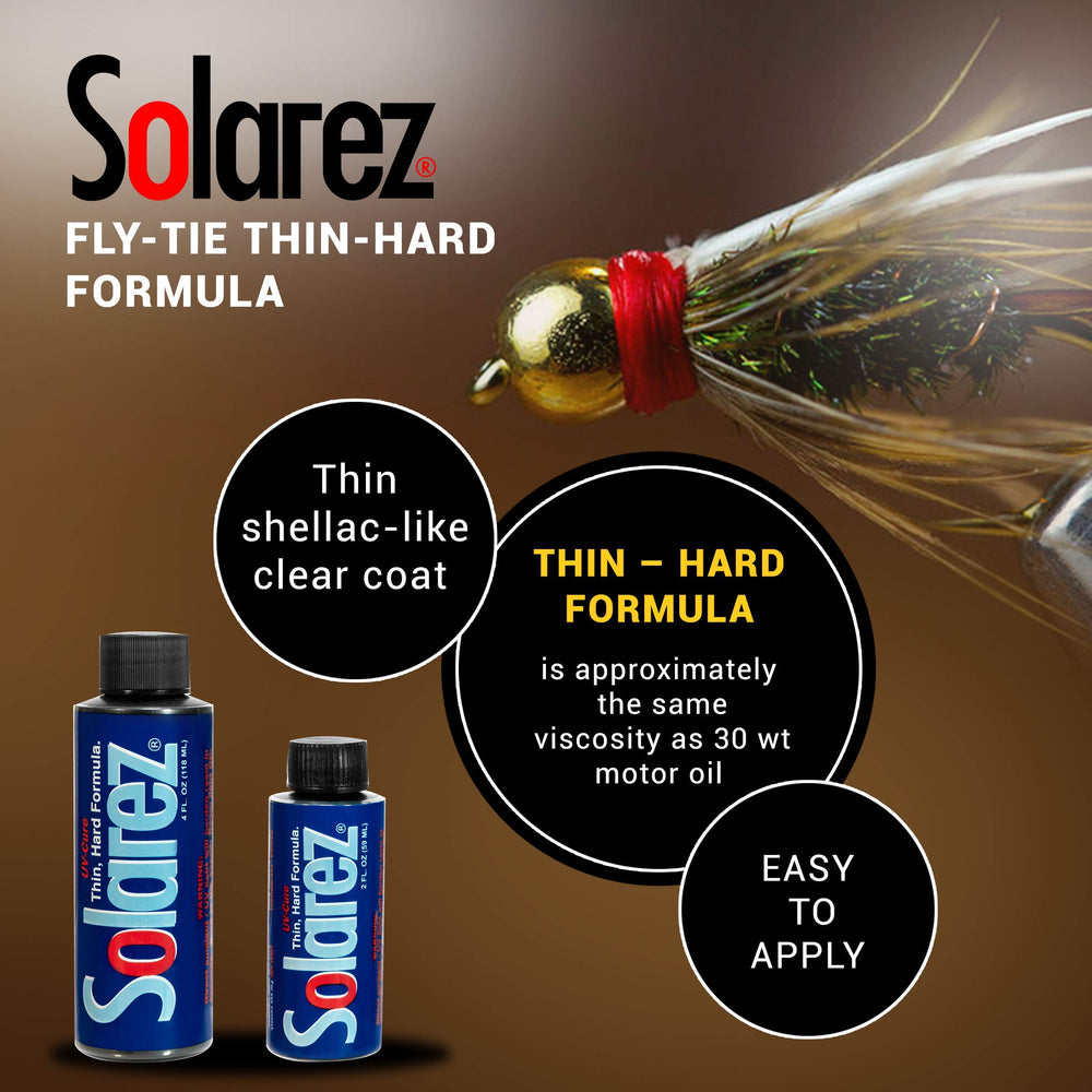 Solarez Fly Tie Thin Hard shellac-like coating on a dry fly with gloss.