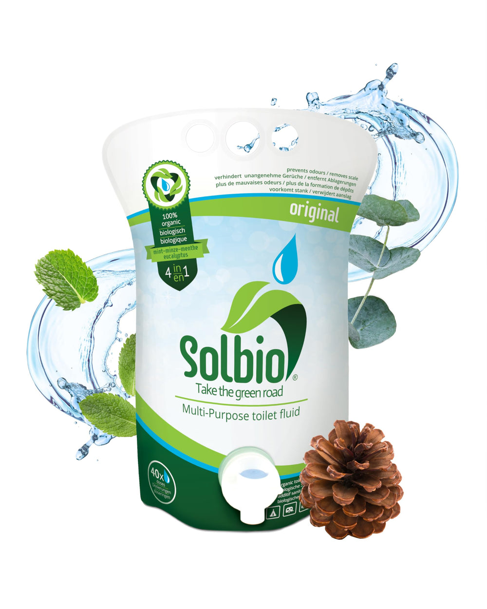Solbio all-natural sanitary additive bottle demonstrates portable odor control for camping toilets