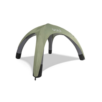SOLI inflatable shade canopy packaged in a backpack for travel-friendly shade.