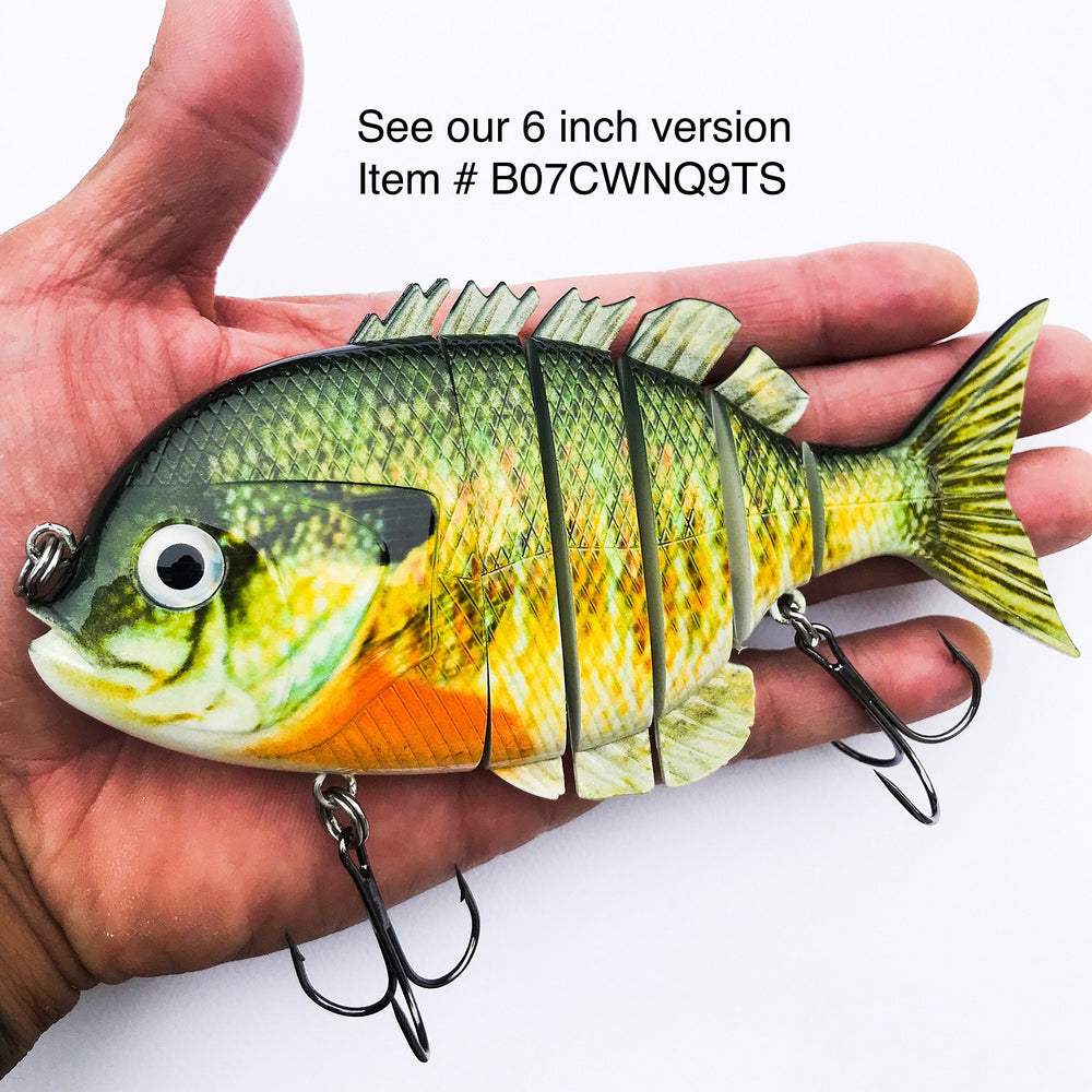 Soljer Blue Gill Sunfish Lure closeup with vivid pattern to boost attraction in light.