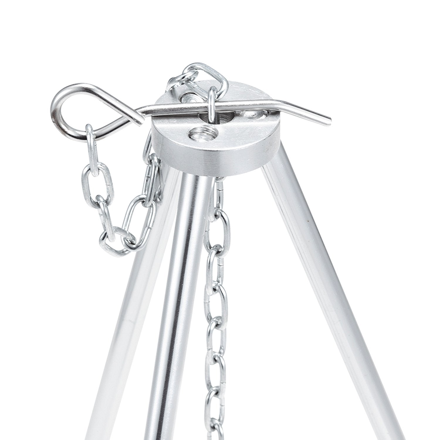 Solo Stove tripod setup with hanging chain enables adjustable pot height for even heating.