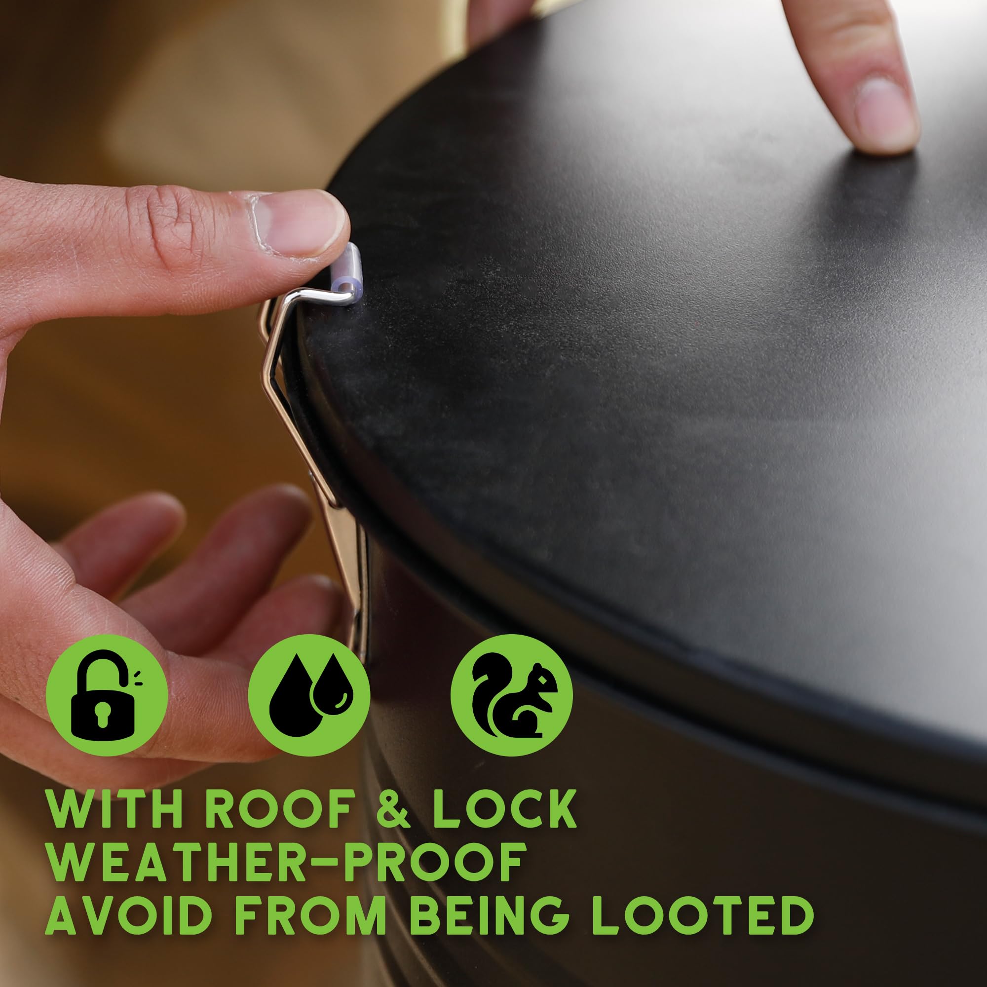 Solution4Patio locking system secures lid against curious paws.