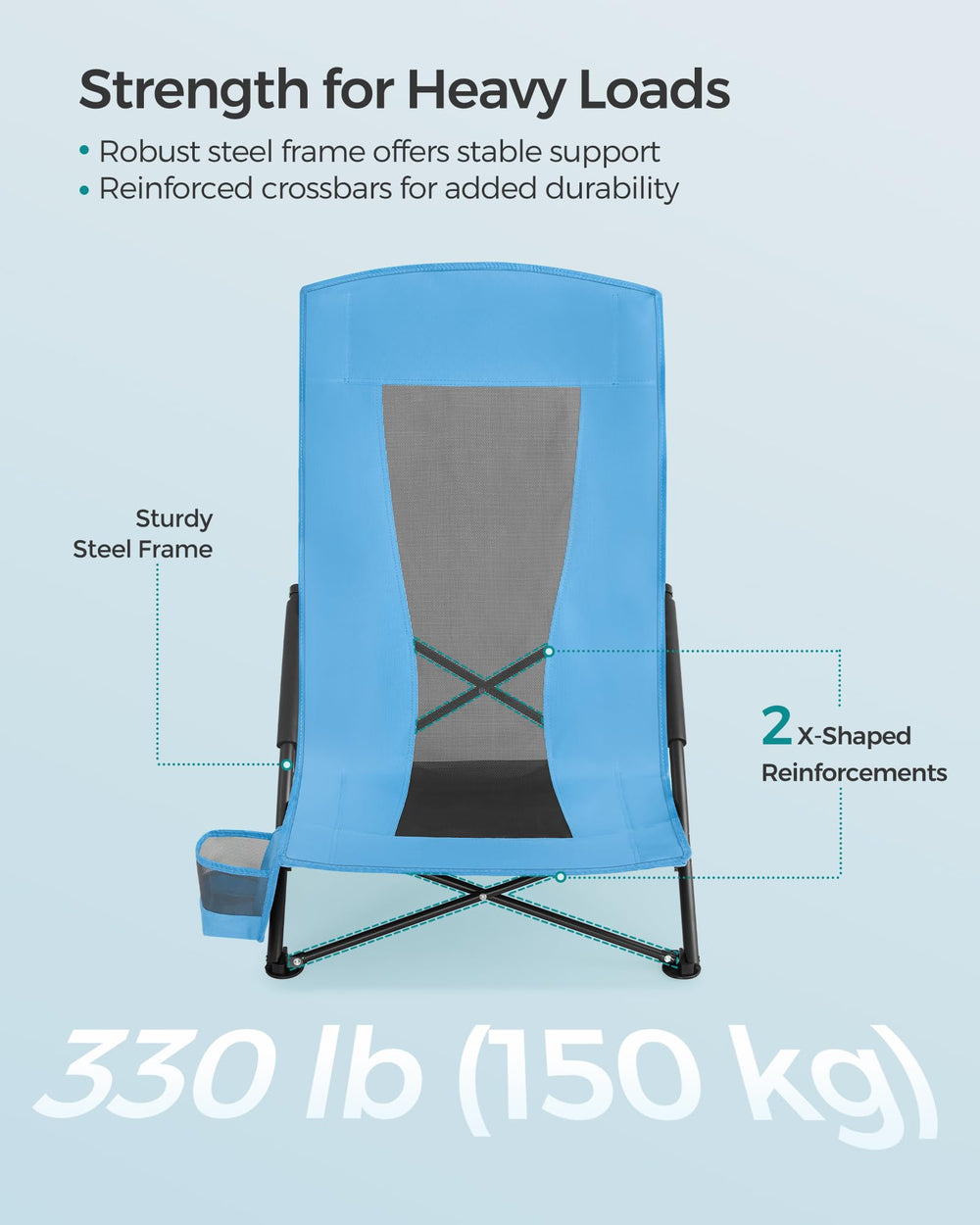 SONGMICS camping chair has a convenient cup holder beside the armrest for drinks.